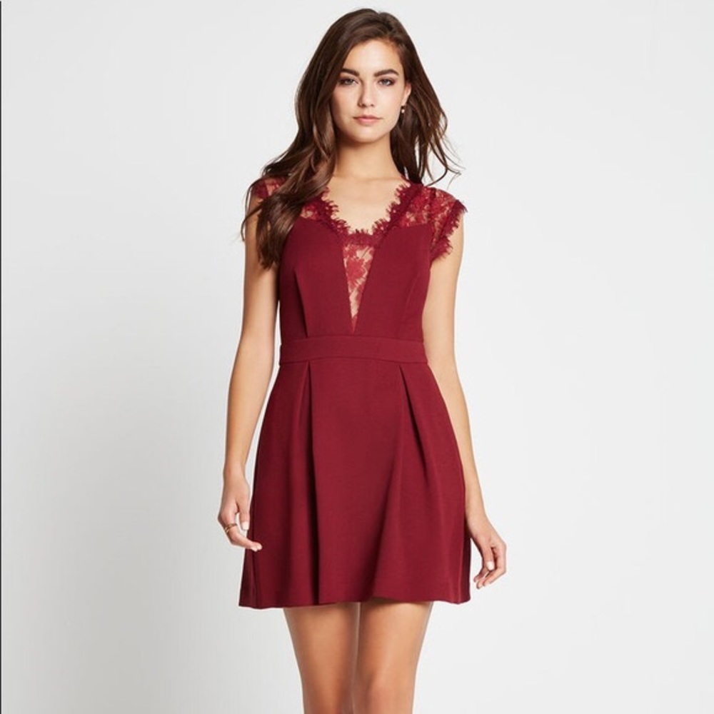BCBGeneration Wine Lace Back Pleated Dress